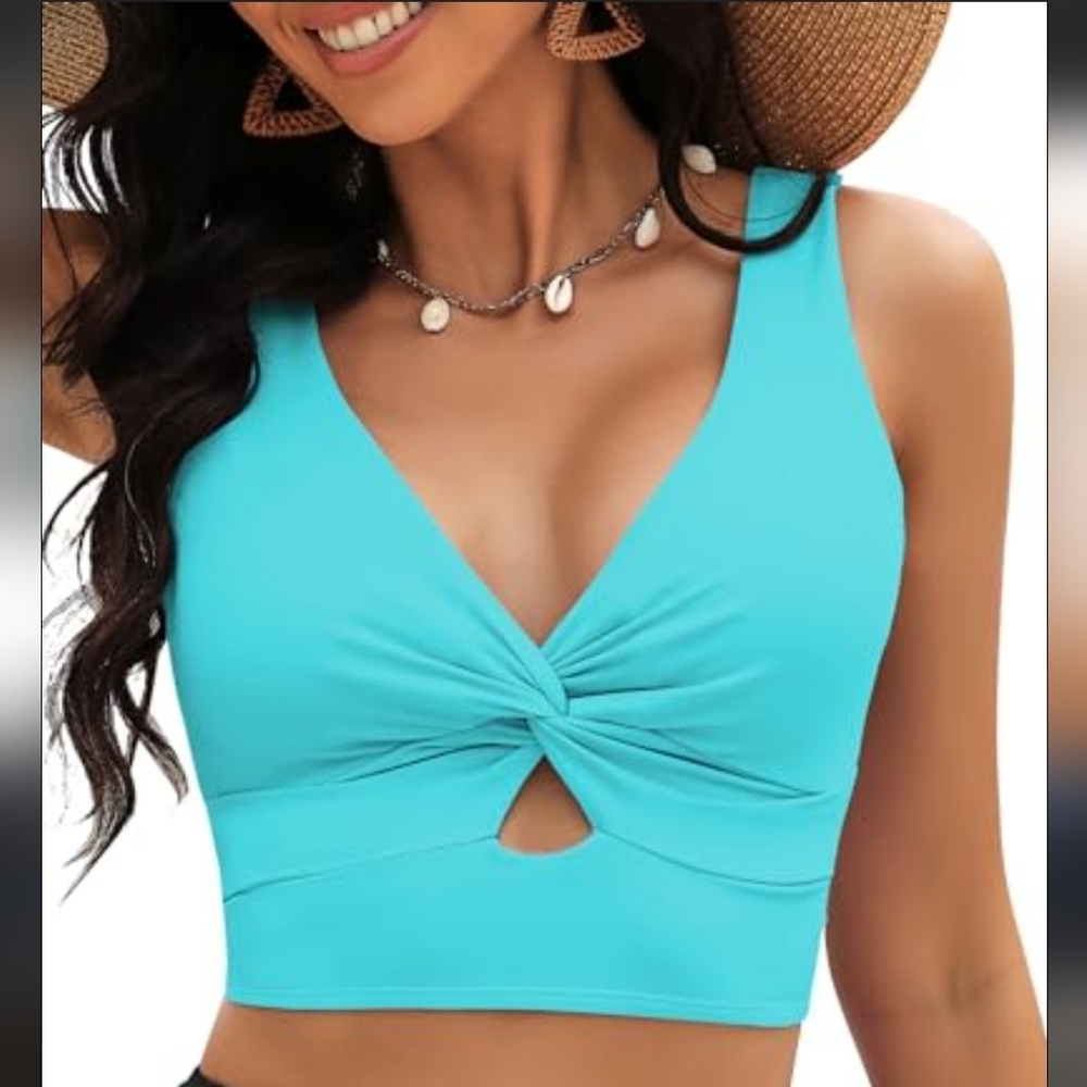 Turquoise Twist Front Swim Top